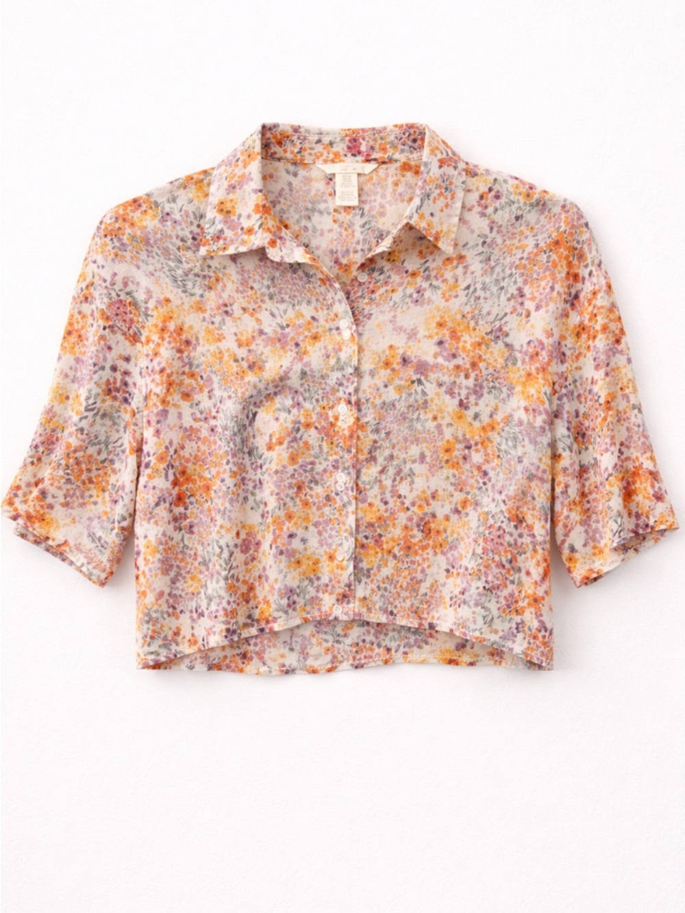 H&M Linen Floral Crop Button Up Blouse XS Multicolor Short Sleeve